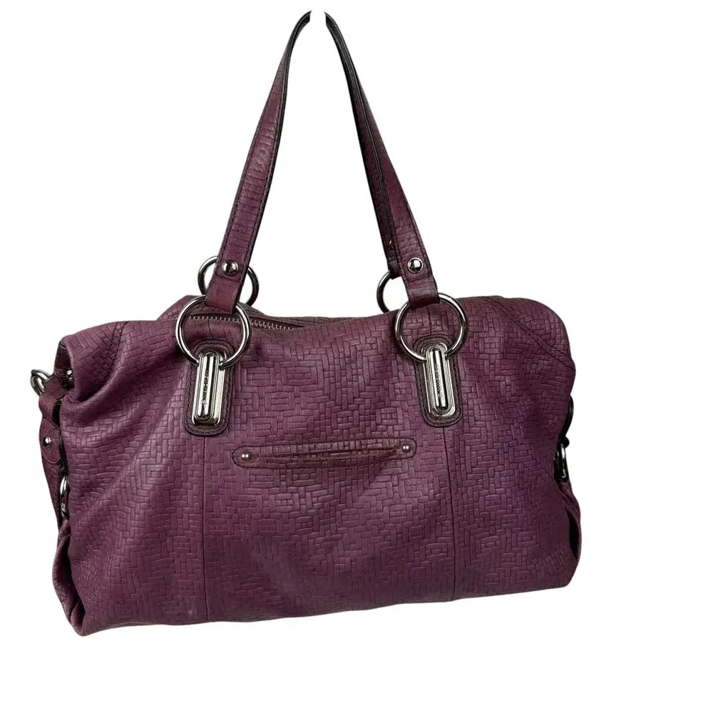 B MAKOWSKY Leather Mulberry Purple Woven Satchel Purse Handbag Y2K Double Handle